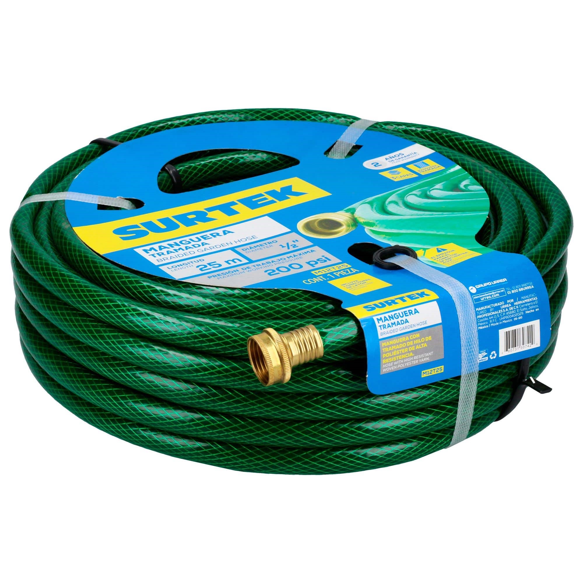 Imagen de MANGUERA TRAMADA VERDE 1/2" ARMADA CON CONECTOR METALICO 25 MTS SURTEK