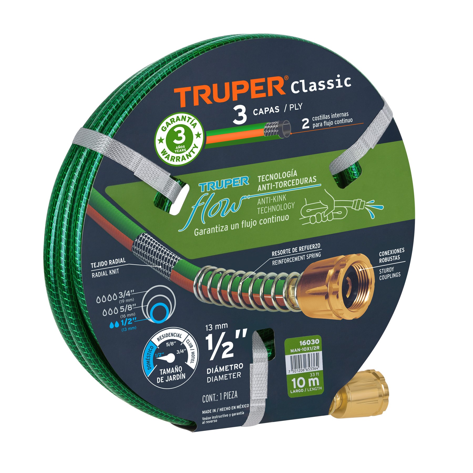 Imagen de MANGUERA DE 1/2" REFORZADA CON 3 CAPAS DE 10 MTS CON CONEXIONES DE METAL TRUPER