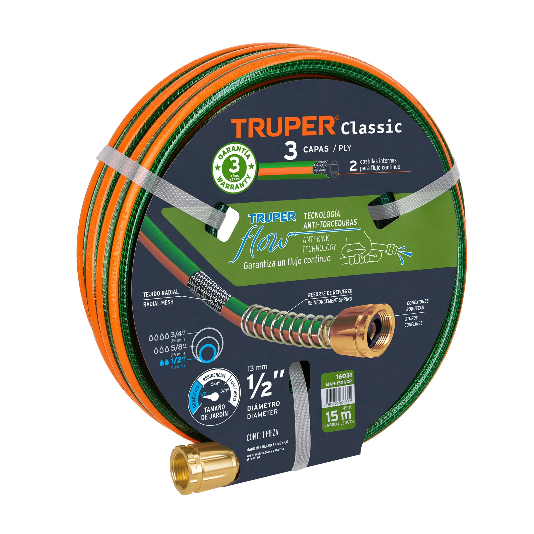 Imagen de MANGUERA DE 1/2" REFORZADA CON 3 CAPAS DE 15 MTS CON CONEXIONES DE METAL TRUPER