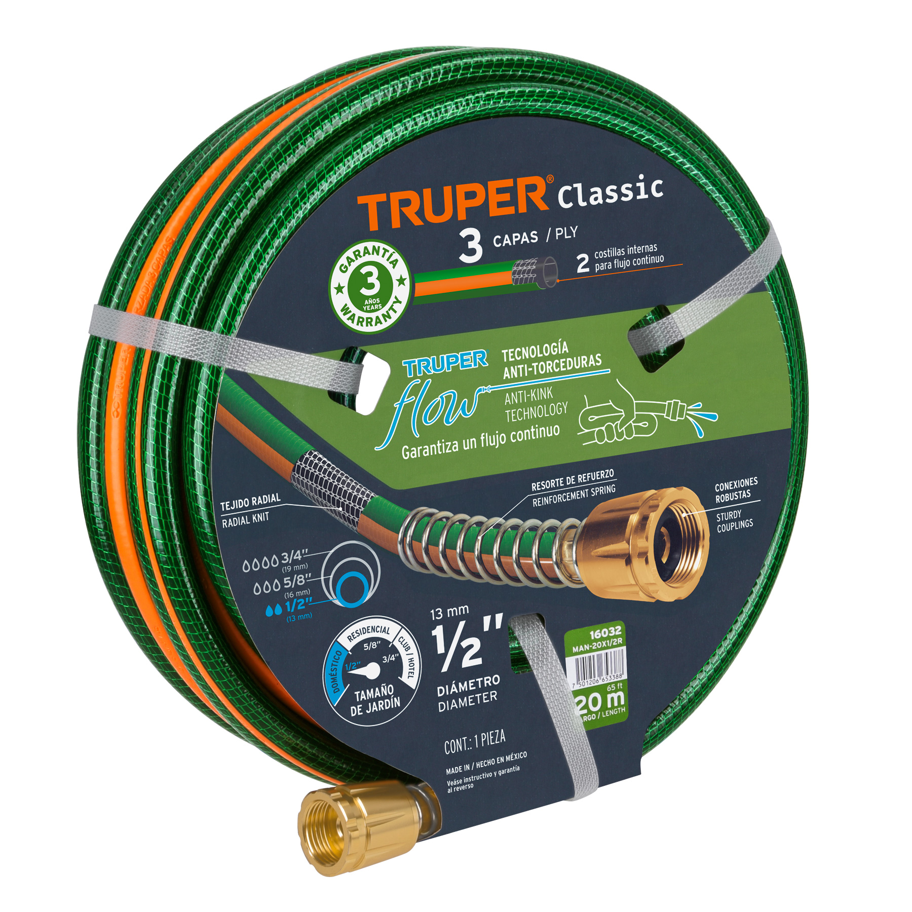 Imagen de MANGUERA DE 1/2" REFORZADA CON 3 CAPAS DE 20 MTS CON CONEXIONES DE METAL TRUPER