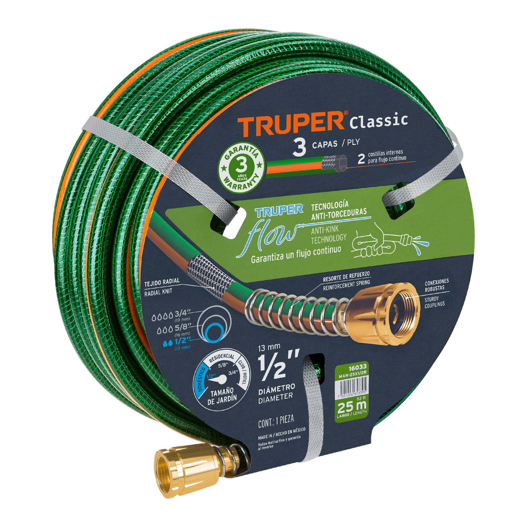 Imagen de MANGUERA DE 1/2" REFORZADA CON 3 CAPAS DE 25 MTS CON CONEXIONES DE METAL TRUPER