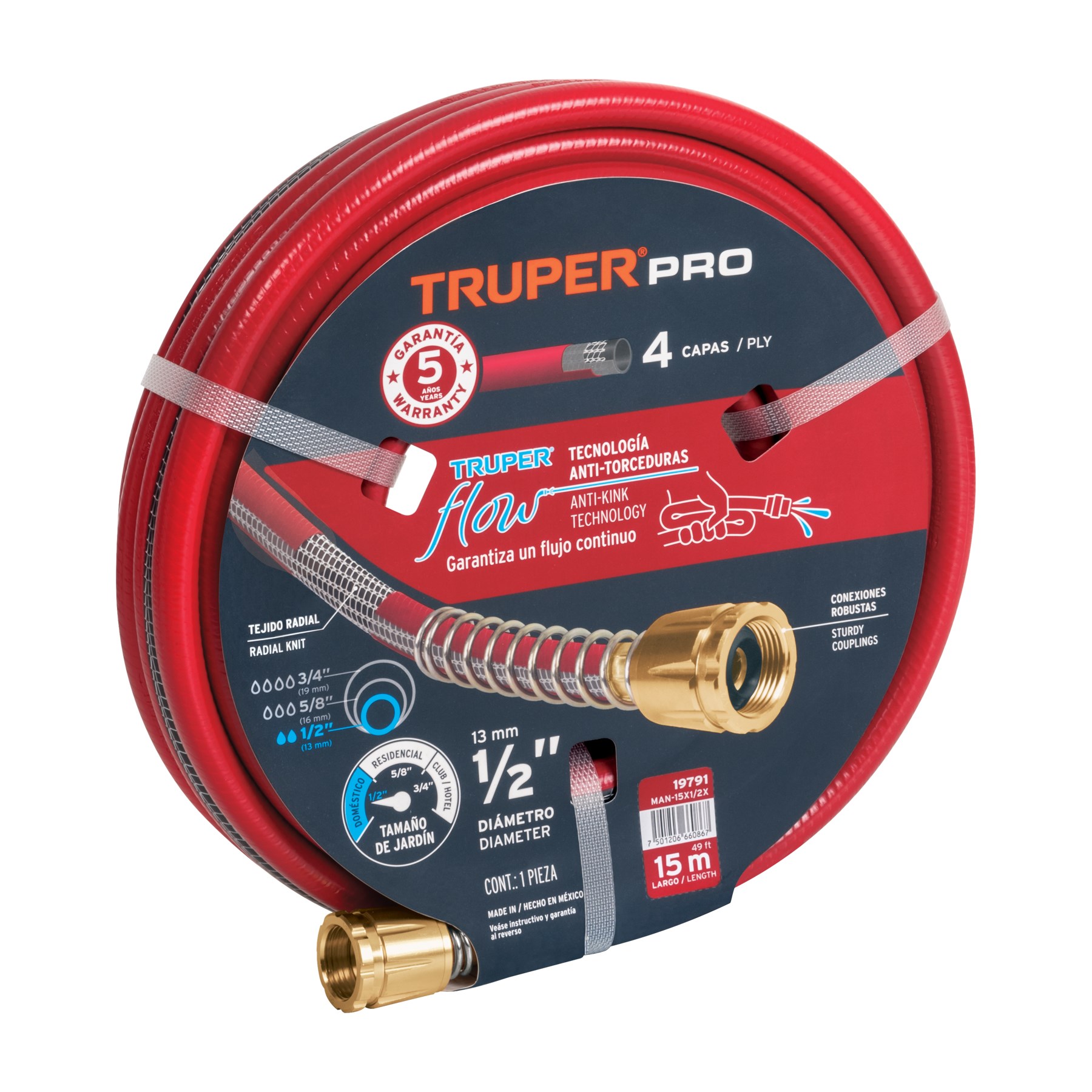 Imagen de MANGUERA DE 1/2" SUPER REFORZADA CON 4 CAPAS DE 15 MTS CON CONEXIONES METAL TRUPER