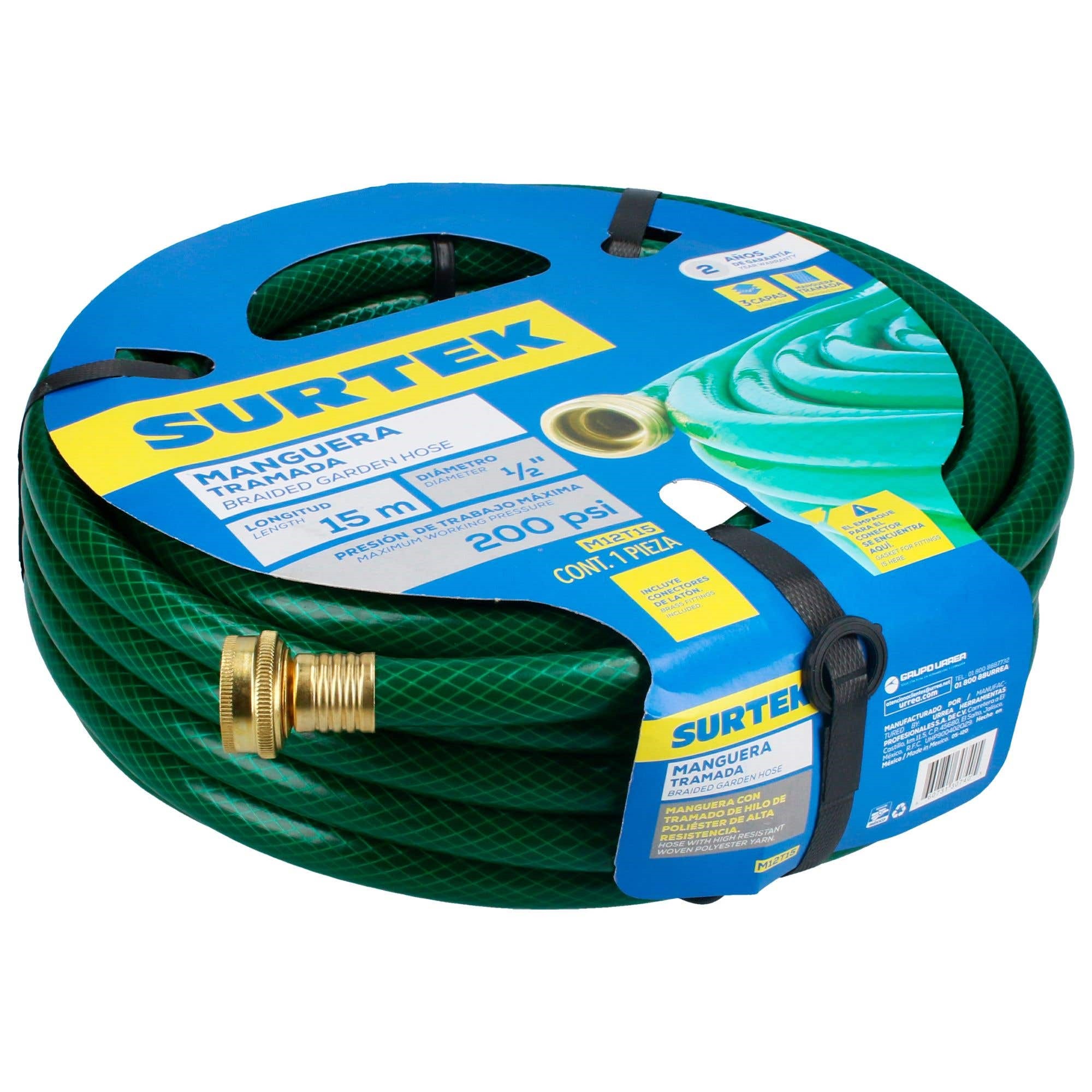 Imagen de MANGUERA TRAMADA VERDE 1/2" ARMADA CON CONECTOR METALICO 15M