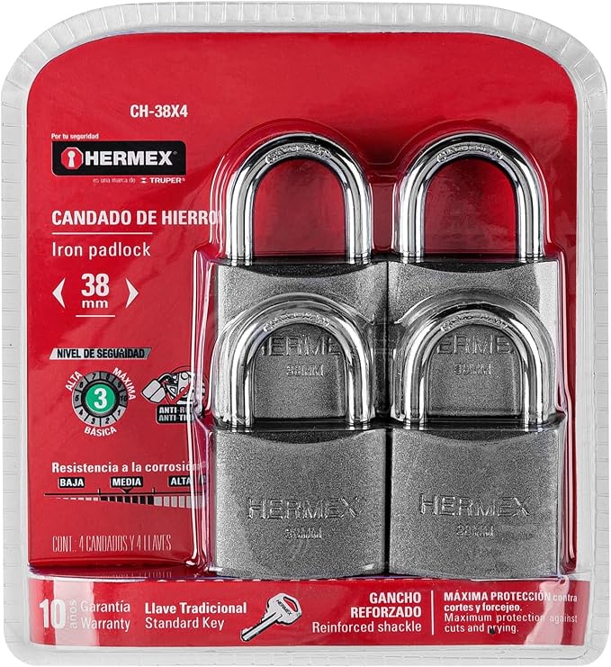 Imagen de BLISTER CON 4 CANDADOS DE HIERRO DE 38MM CON GANCHO CORTO