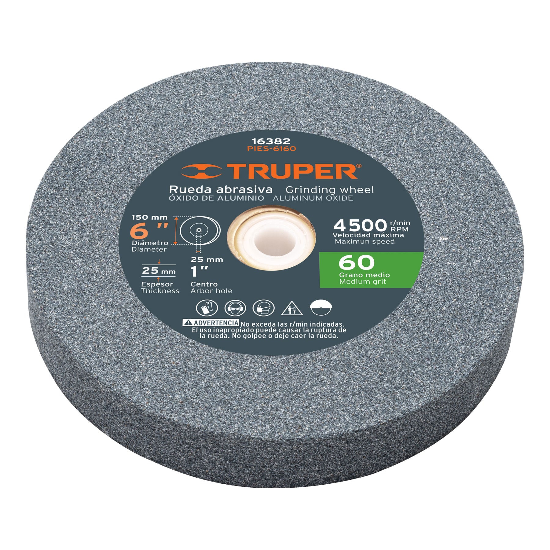 Imagen de RUEDA ABRASIVA PARA ESMERIL DE 6" X 25 MM CON OXIDO DE ALUMINIO GRANO 60 TRUPER