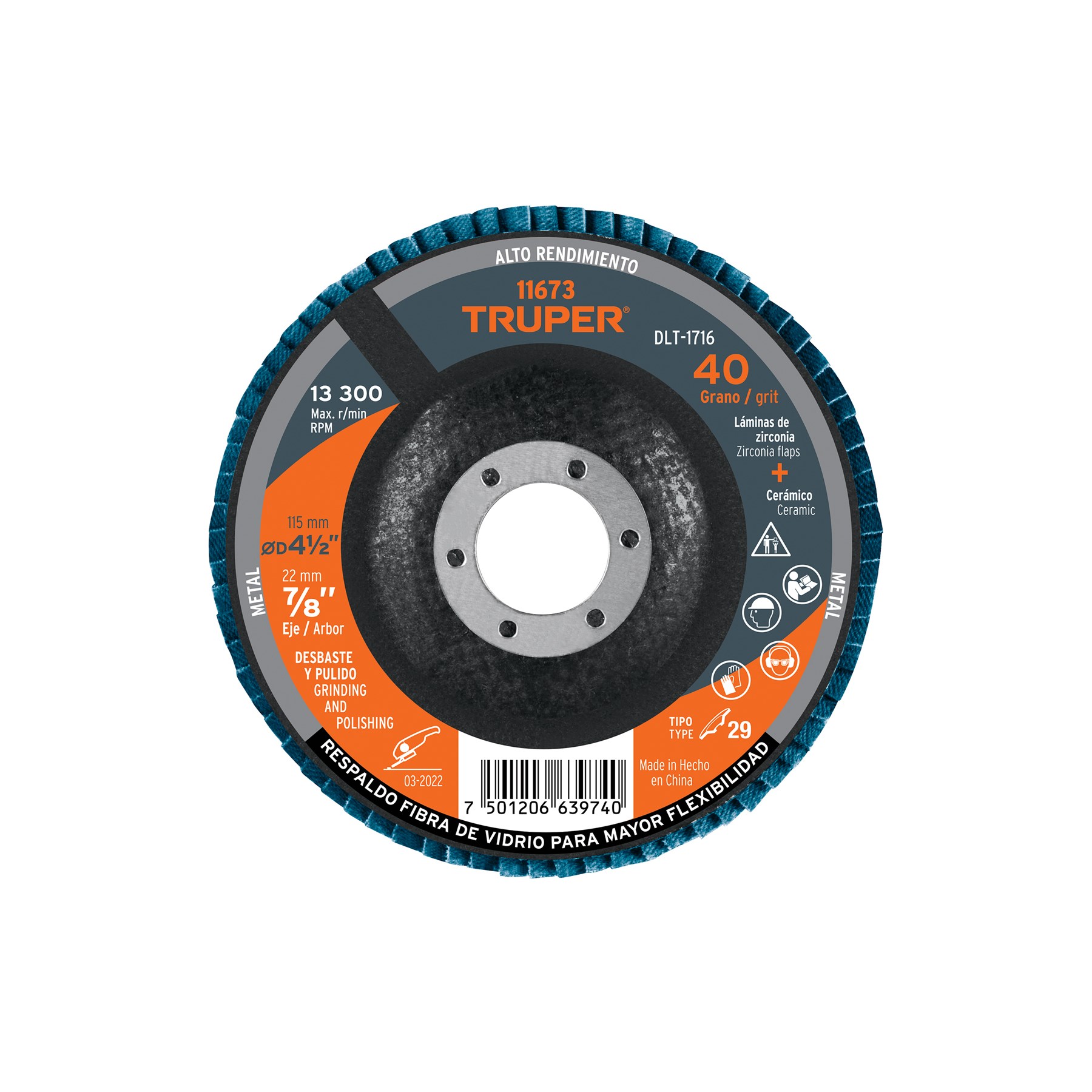 Imagen de DISCO LAMINADO DE 4-1/2" GRANO 40 CON CENTRO DE 7/8" FIBRA TRUPER