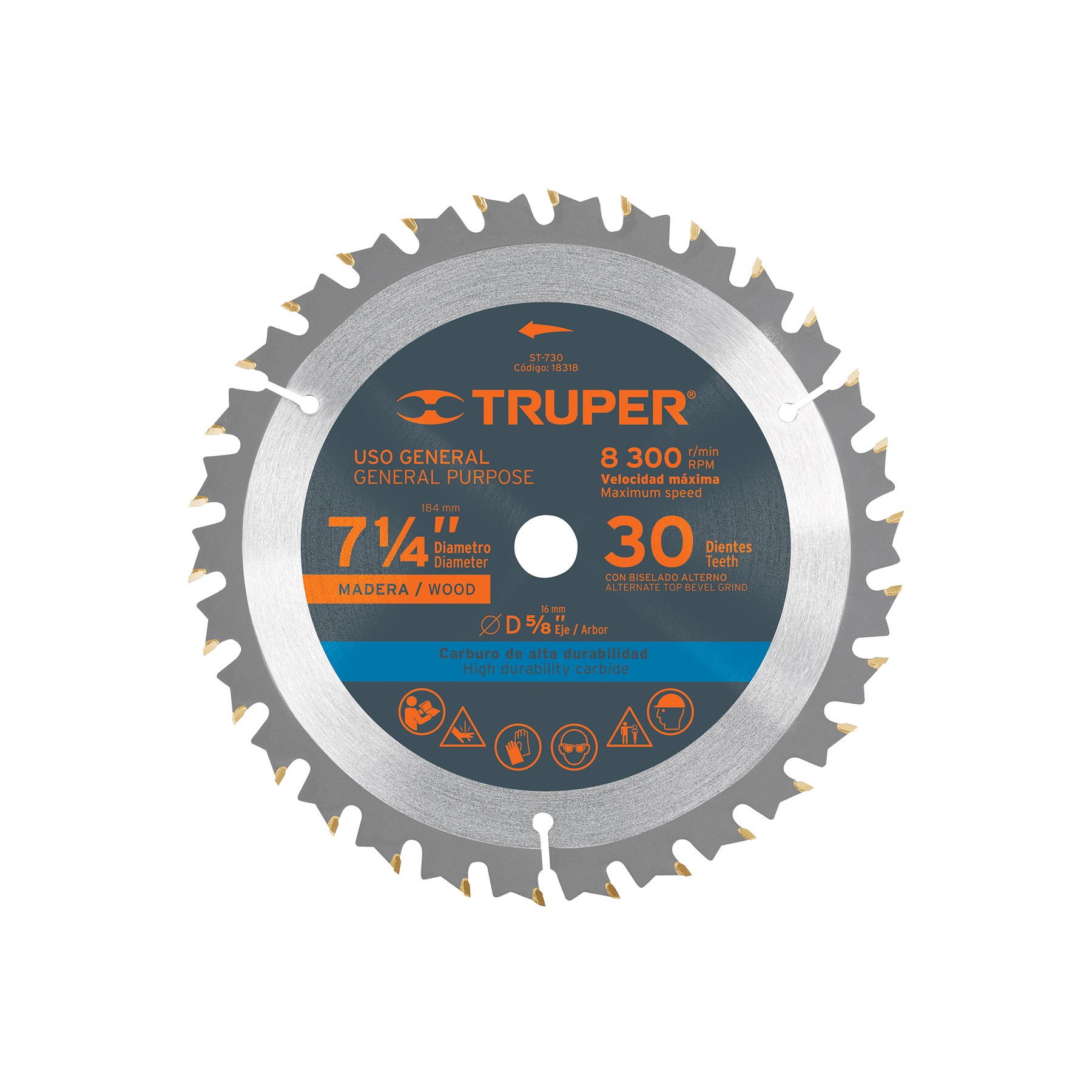 Imagen de DISCO SIERRA DE 7- 1/4" PARA MADERA DE 30 DIENTES CON CENTRO DE 5/8" TRUPER