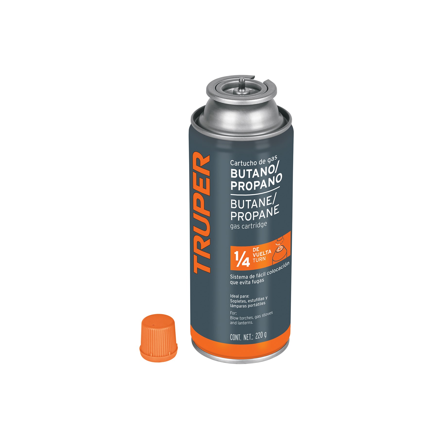 Imagen de LATA DE GAS DE 220 GRAMOS CON VALVULA DE 1/4" DE VUELTA TRUPER