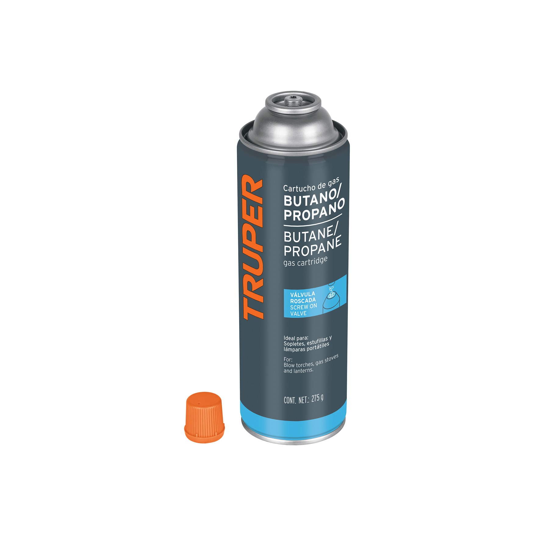 Imagen de LATA DE GAS DE 275 GRAMOS CON VALVULA ROSCADA TRUPER