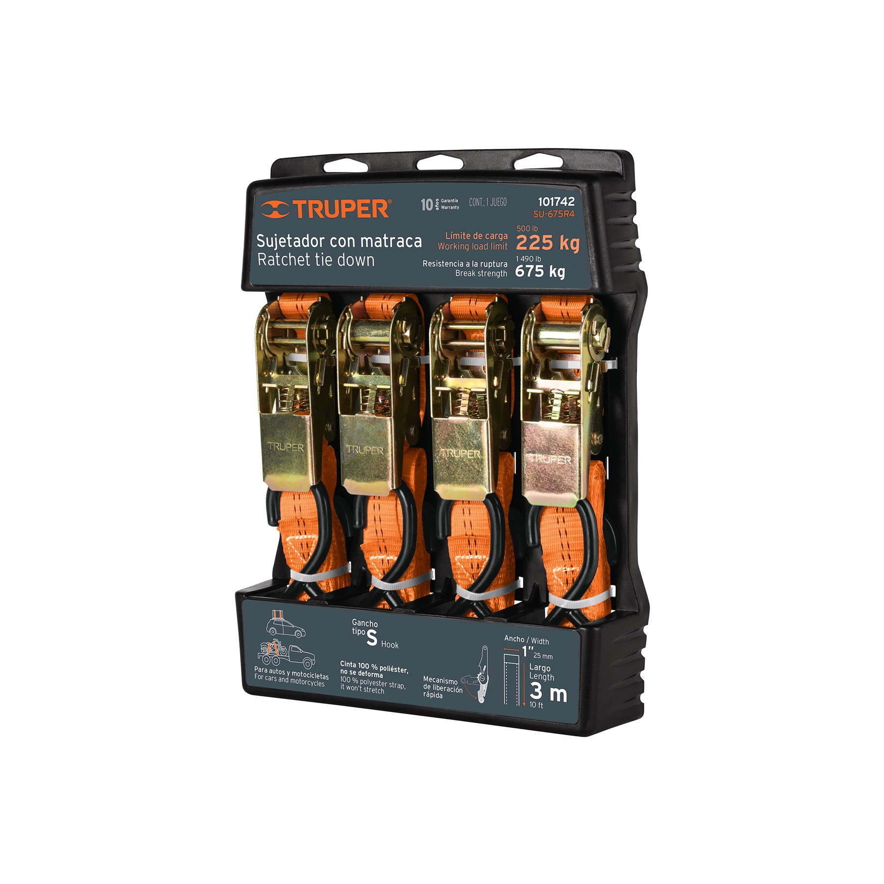Imagen de JUEGO DE 4 SUJETADORES CON MATRACA PARA CARGA MAXIMA DE 675 KGS TRUPER