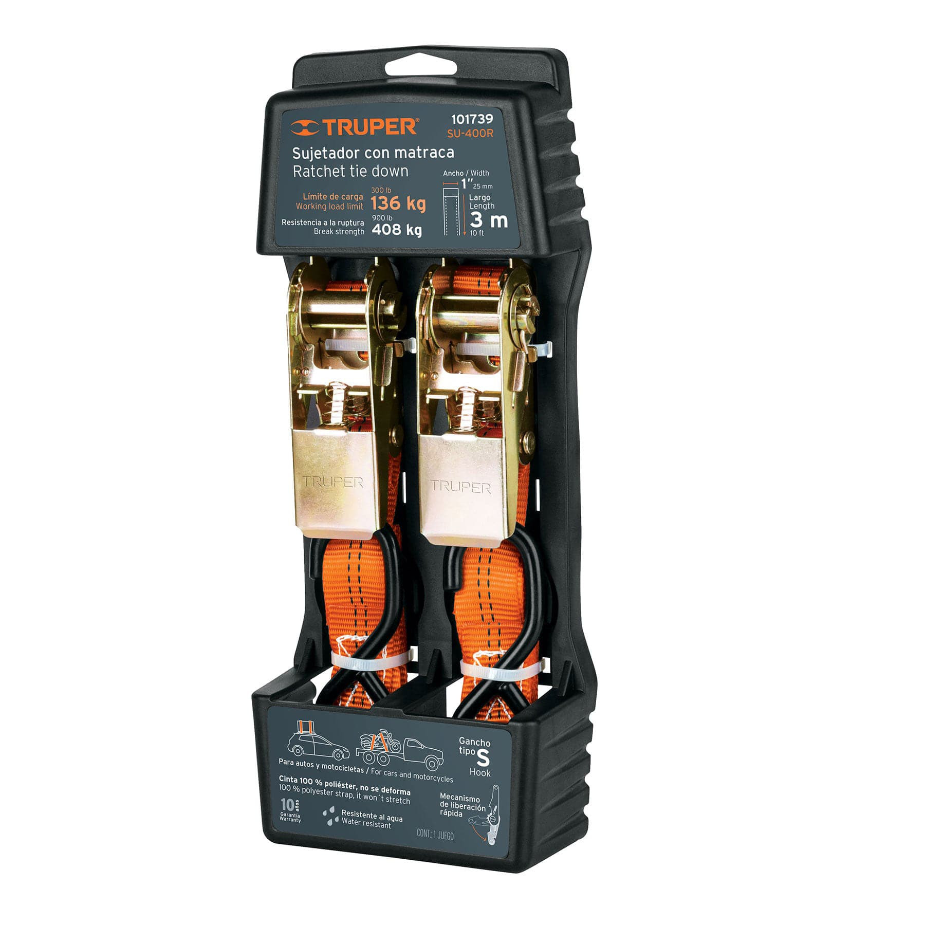 Imagen de JUEGO DE 2 SUJETADORES CON MATRACA CARGA MAXIMA DE 408 KGS TRUPER