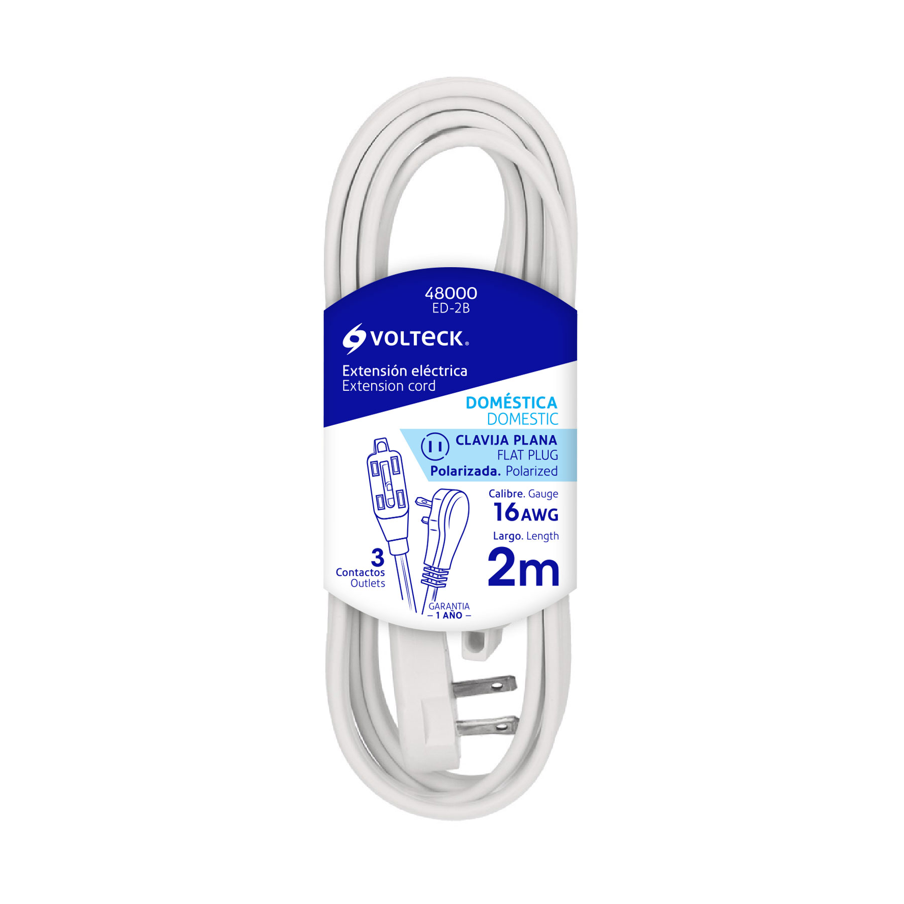 Imagen de EXTENSION ELECTRICA DOMESTICA DE 2 MTS CON CLAVIJA PLANA BLANCA VOLTECK