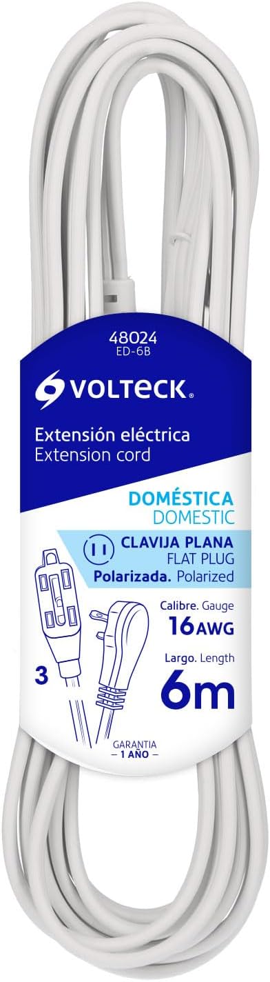 Imagen de EXTENSION ELECTRICA DOMESTICA DE 6 MTS CON CLAVIJA PLANA BLANCA VOLTECK
