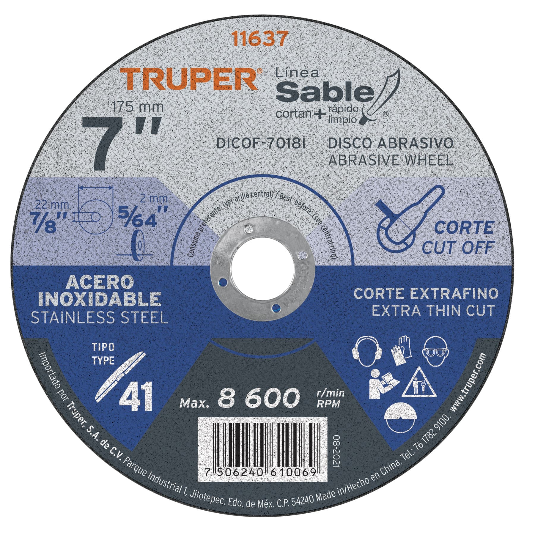 Imagen de DISCO TIPO 41 DE 7" X 1.8 MM CORTE FINO ACERO INOXIDABLE SABLE TRUPER
