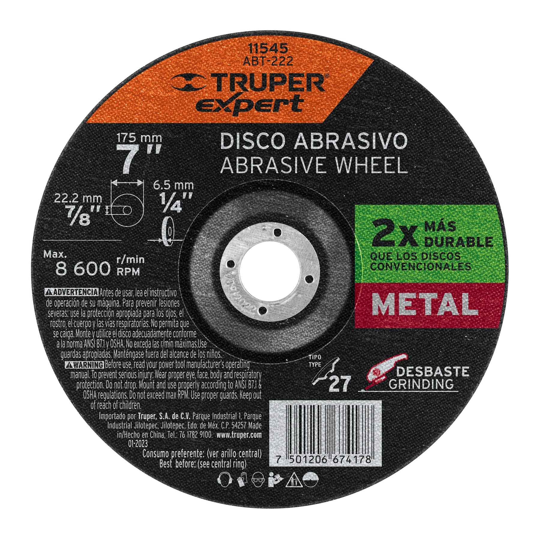 Imagen de DISCO TIPO 27 DE 7" X 6.4 MM PARA DESBASTE DE METAL EXPERT TRUPER