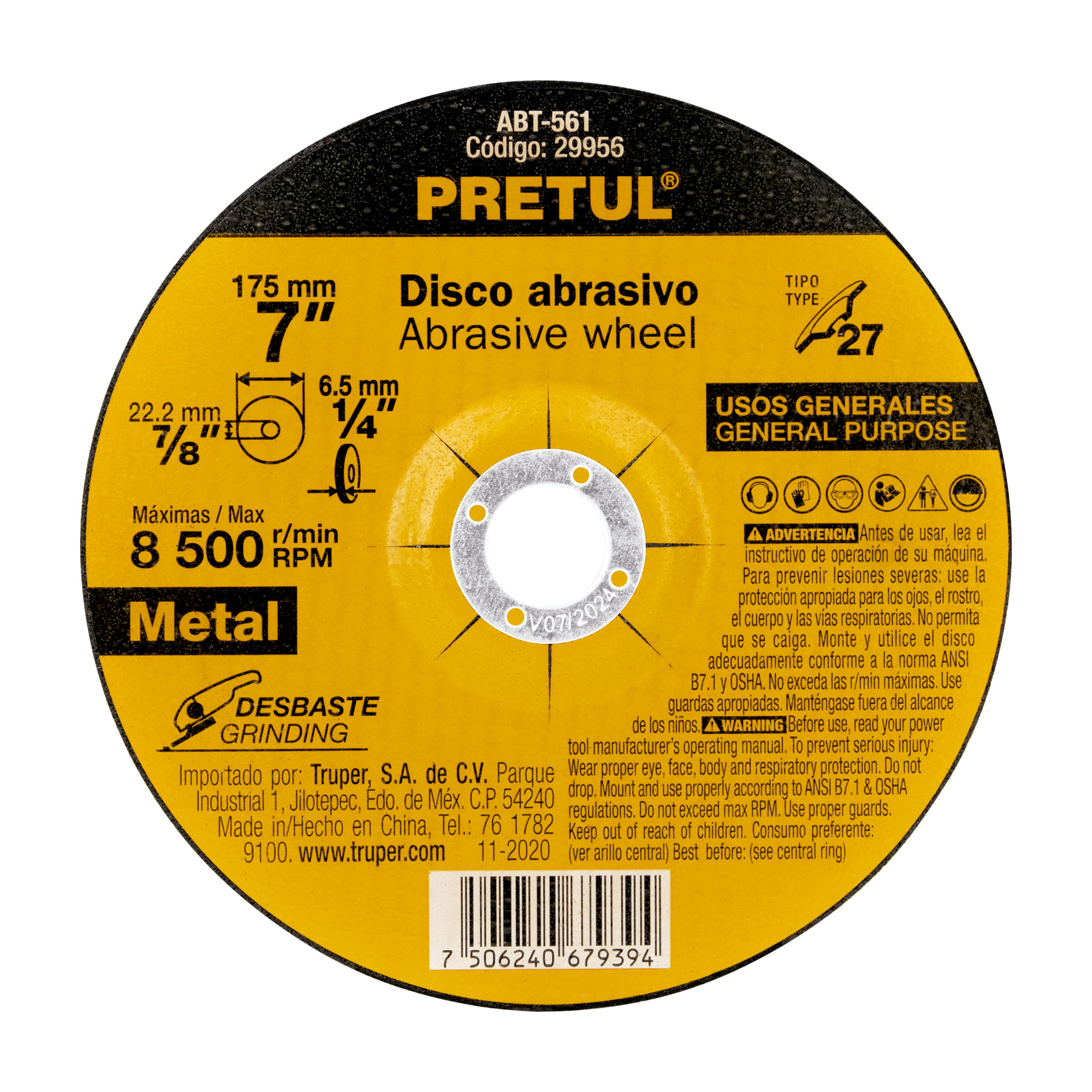 Imagen de DISCO TIPO 27 DE 7" X 6.2 MM PARA DESBASTE DE METAL PRETUL