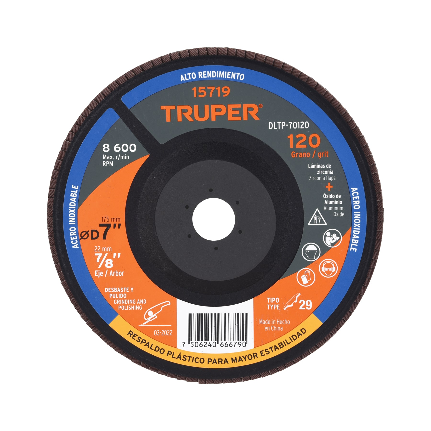 Imagen de DISCO LAMINADO DE 7" GRANO 120 CON CENTRO 7/8" PLASTICO TRUPER