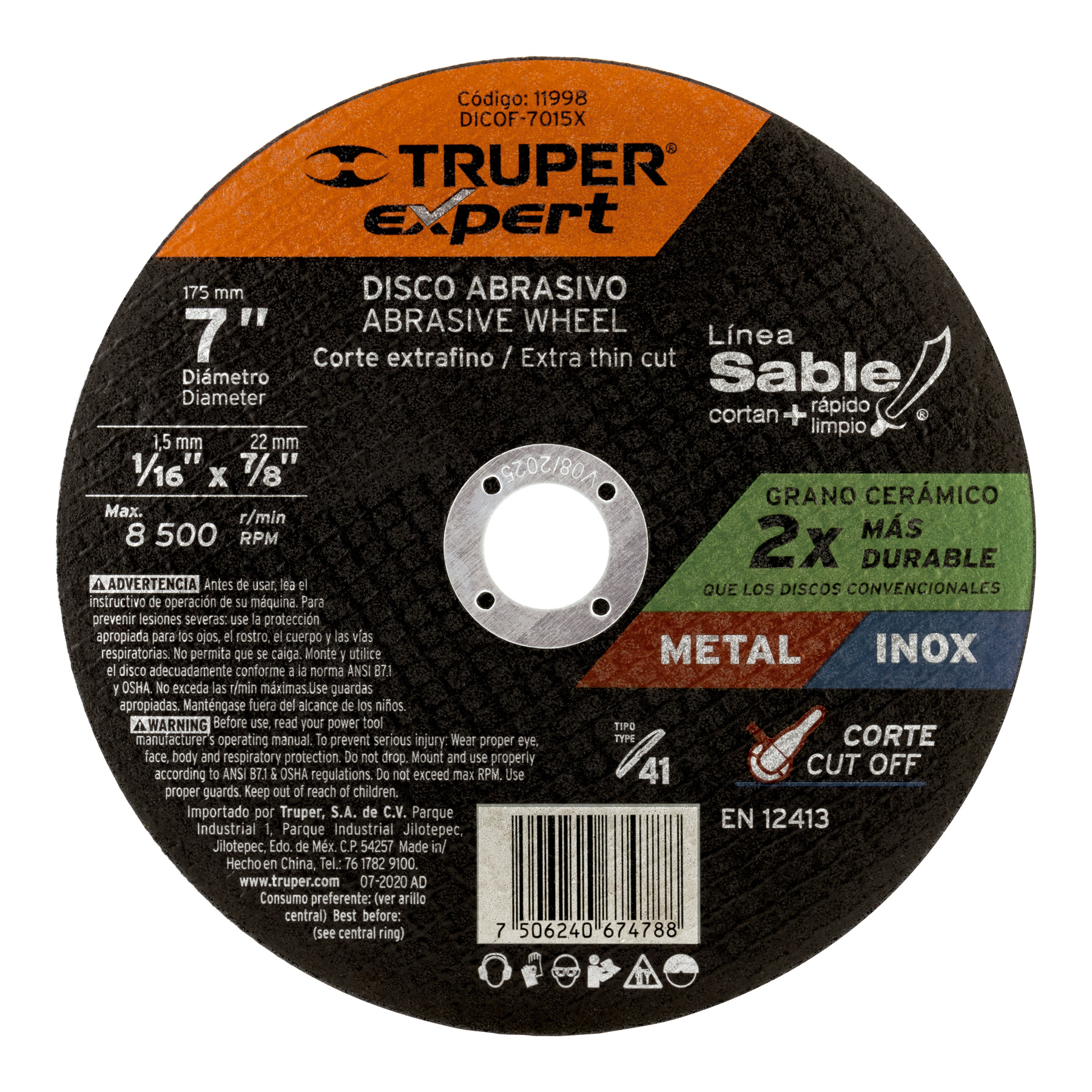 Imagen de DISCO TIPO 41 DE 7" X 1.5 MM CORTE FINO DE METAL EXPERT TRUPER