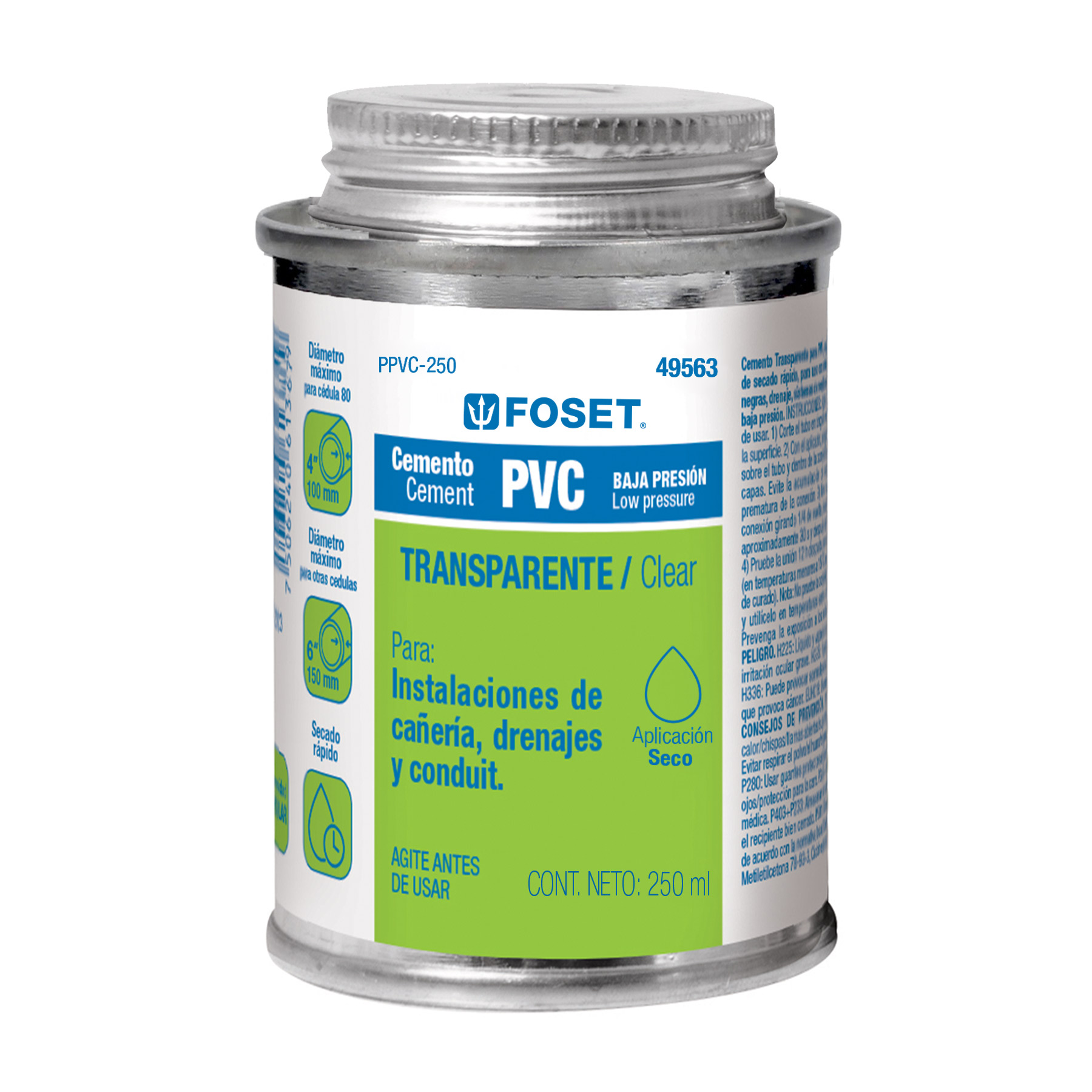 Imagen de CEMENTO PARA PVC TRANSPARENTE DE BAJA PRESION LATA 250 ML FOSET