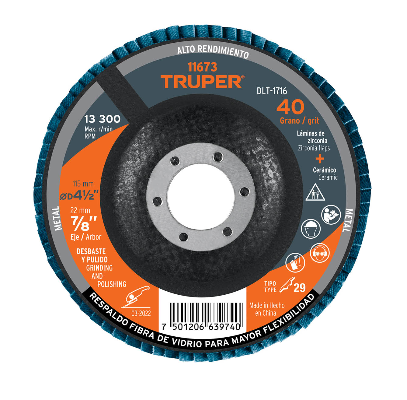 Imagen de DISCO LAMINADO DE 4-1/2" GRANO 40 CON CENTRO DE 7/8" FIBRA TRUPER