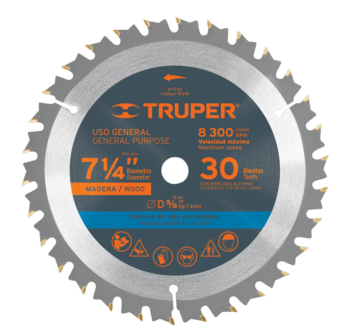 Imagen de DISCO SIERRA DE 7- 1/4" PARA MADERA DE 30 DIENTES CON CENTRO DE 5/8" TRUPER