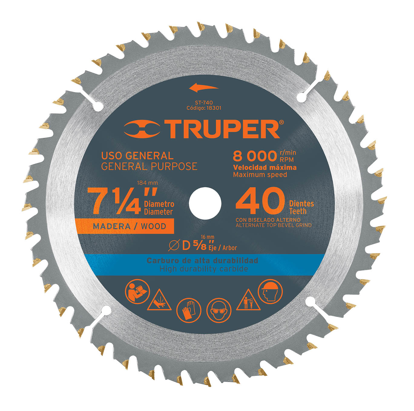 Imagen de DISCO SIERRA DE 7- 1/4" PARA MADERA DE 40 DIENTES CON CENTRO DE 5/8" TRUPER