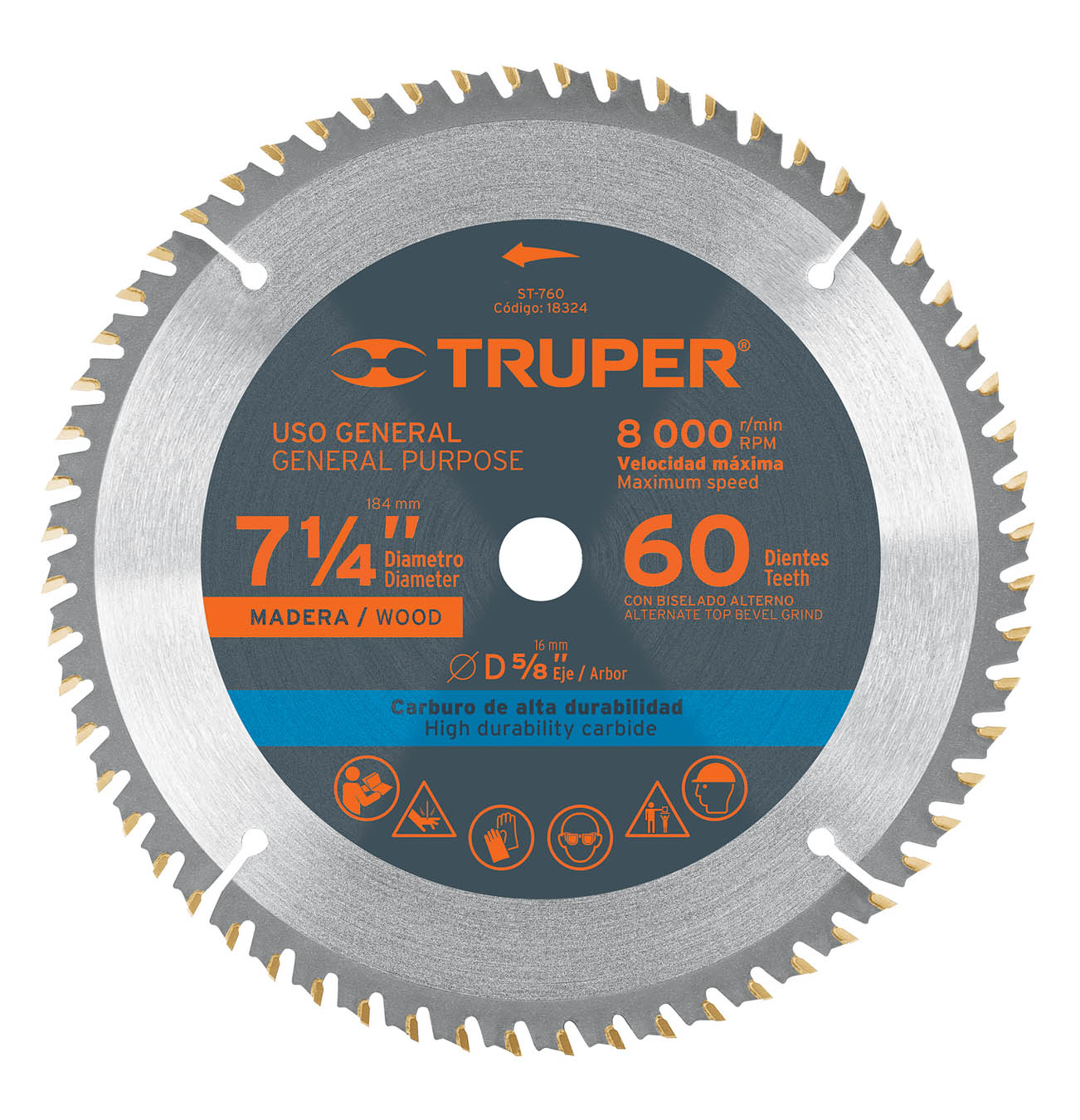 Imagen de DISCO SIERRA DE 7- 1/4" PARA MADERA DE 60 DIENTES CON CENTRO DE 5/8" TRUPER