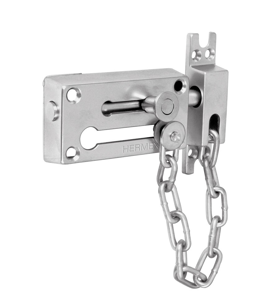 Imagen de PASADOR CON CADENA PARA PUERTA EN ACABADO CROMO MATE HERMEX