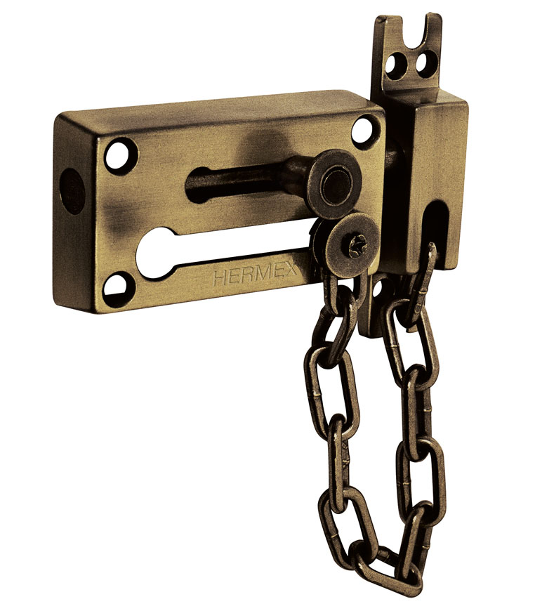 Imagen de PASADOR CON CADENA PARA PUERTA EN ACABADO LATON ANTIGUO HERMEX