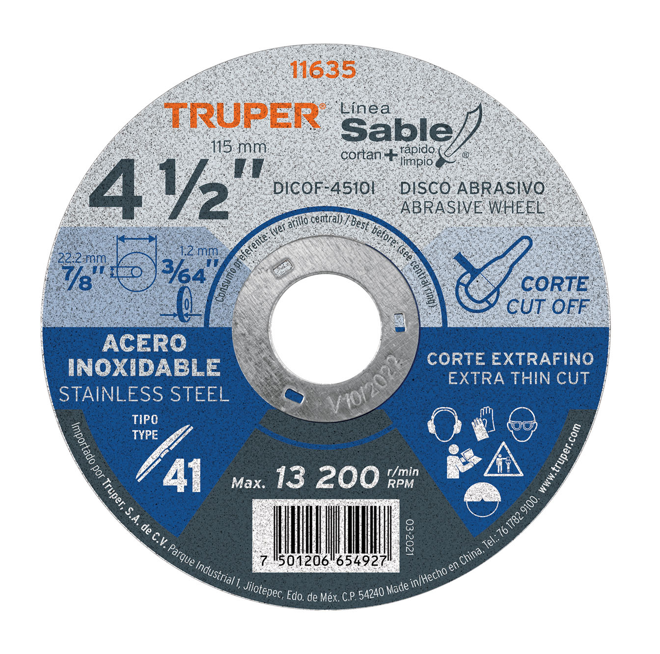 Imagen de DISCO TIPO 41 DE 4-1/2" X 1 MM DE CORTE FINO ACERO INOXIDABLE SABLE TRUPER