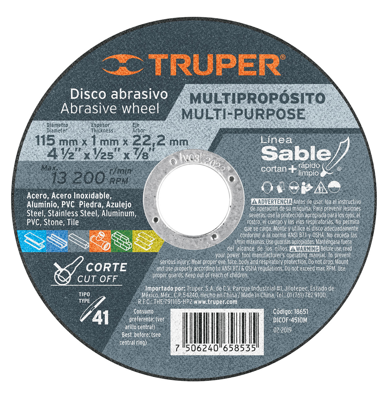 Imagen de DISCO TIPO 41 DE 4-1/2" X 1 MM PARA CORTE MULTIMATERIAL SABLE TRUPER