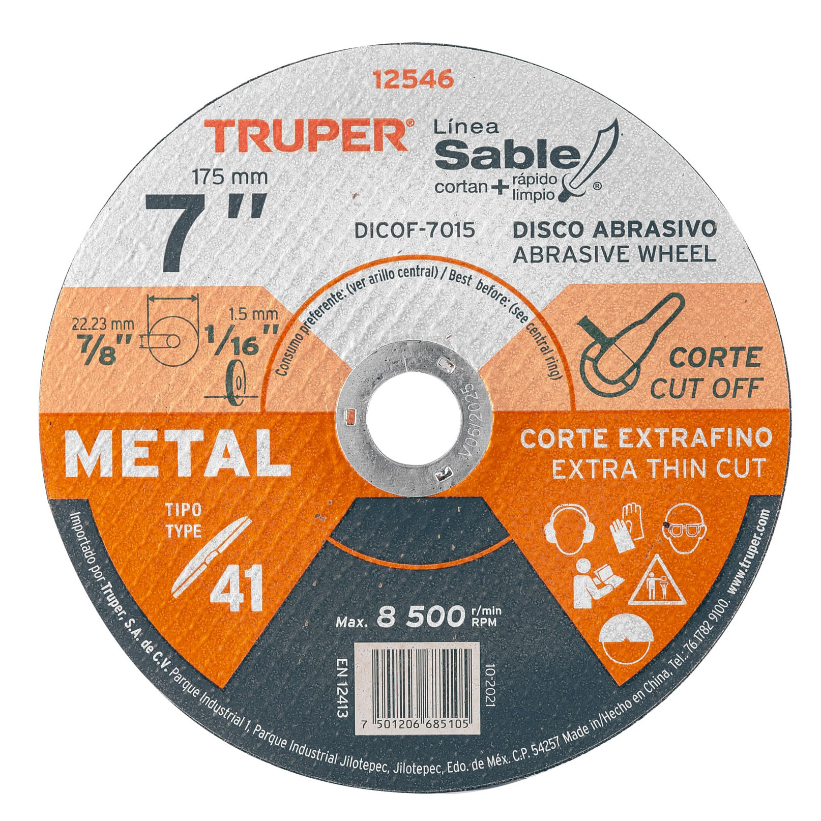 Imagen de DISCO TIPO 41 DE 7" X 1.5 MM DE CORTE FINO PARA METAL SABLE TRUPER