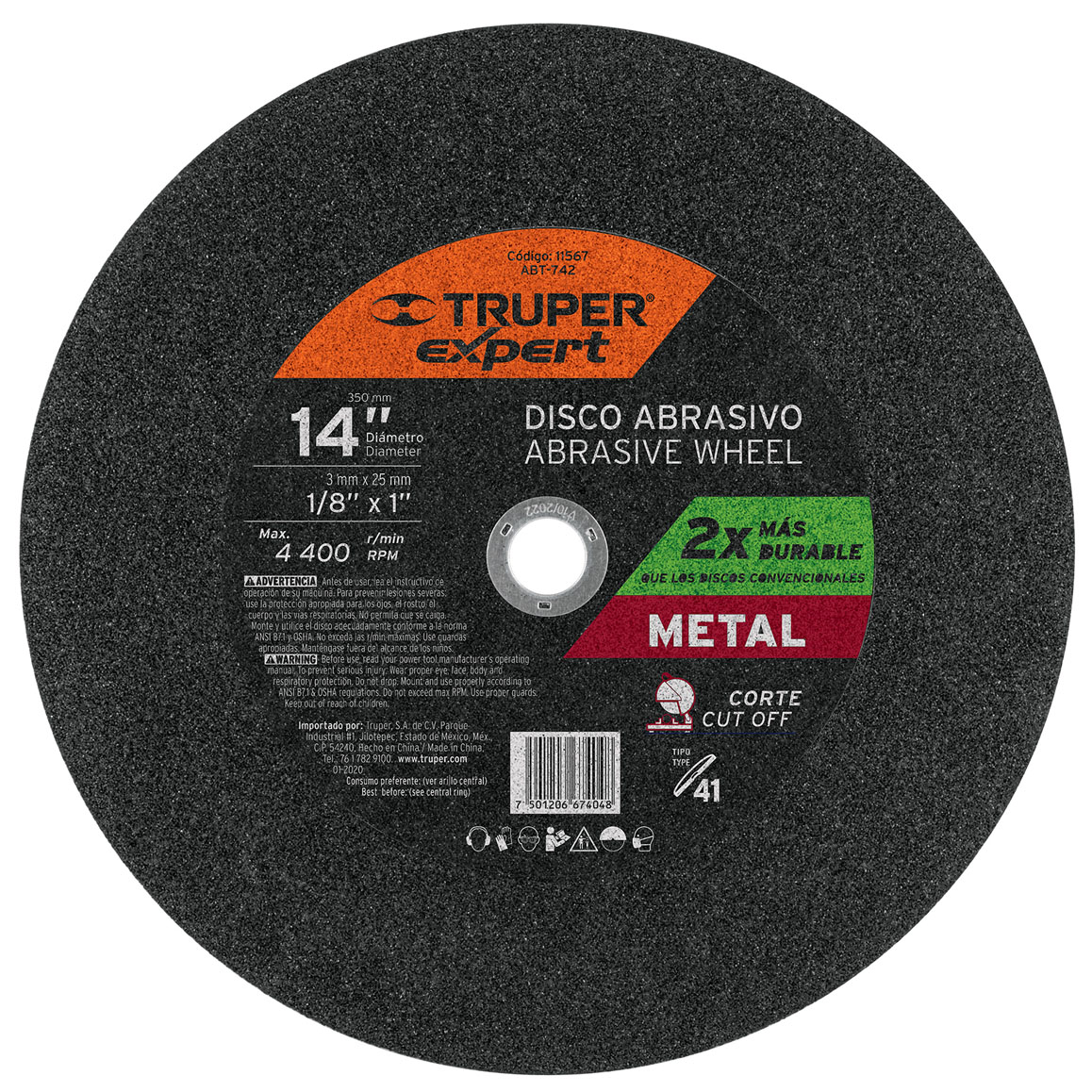 Imagen de DISCO TIPO 41 DE 14" X 3.4 MM PARA CORTE DE METAL EXPERT TRUPER