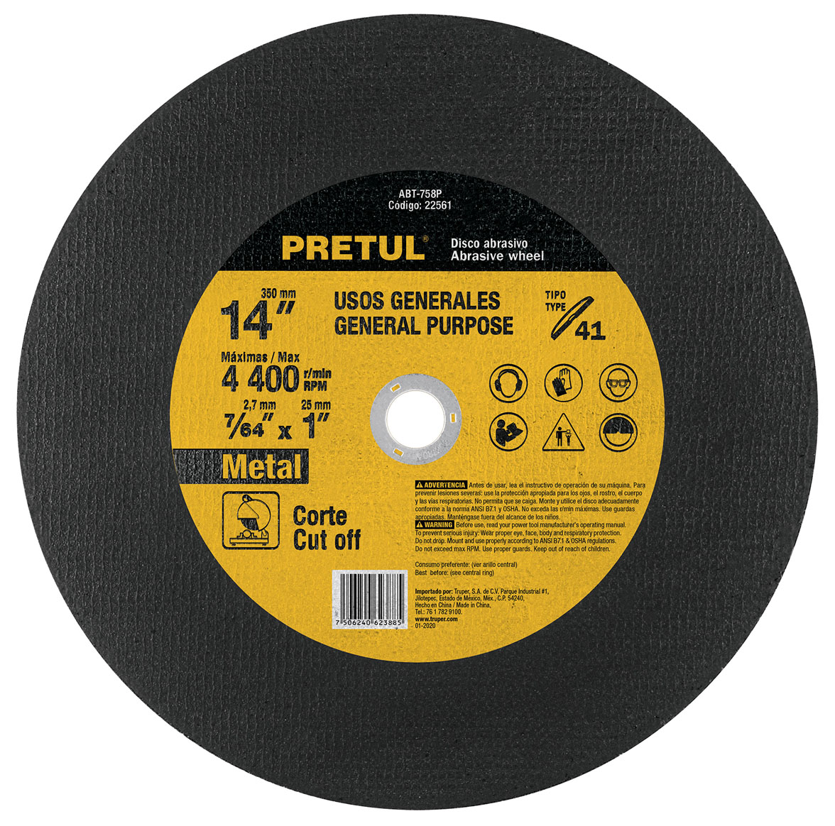 Imagen de DISCO TIPO 41 DE 14" X 3.1 MM PARA CORTE DE METAL PRETUL