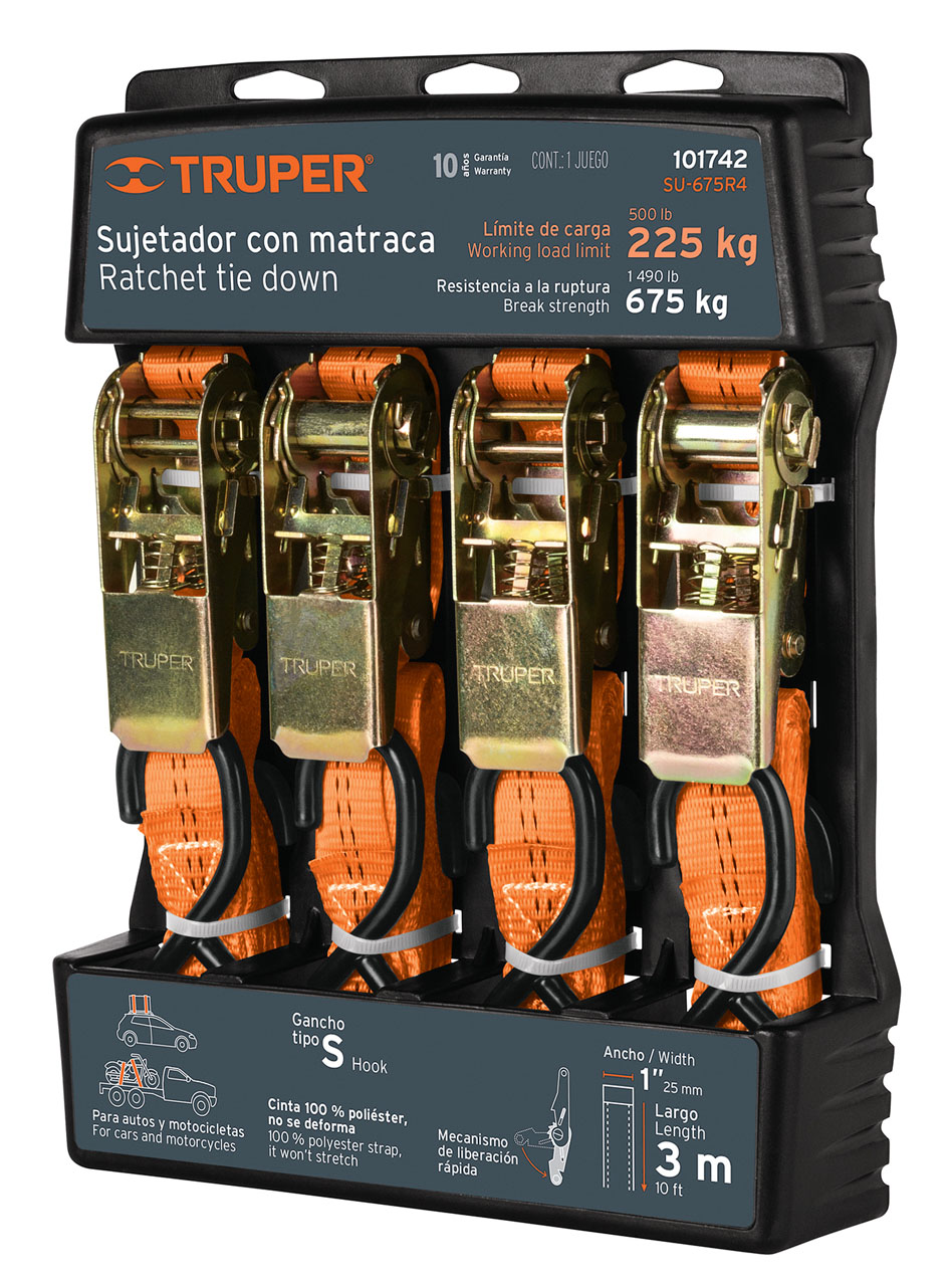 Imagen de JUEGO DE 4 SUJETADORES CON MATRACA PARA CARGA MAXIMA DE 675 KGS TRUPER