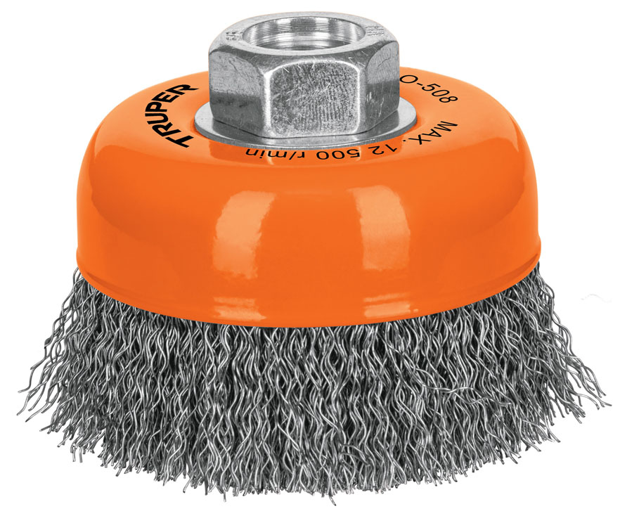 Imagen de CARDA DE COPA DE 3" CON ALAMBRE ONDULADO FINO CON EJE DE 5/8" DE DIAMETRO Y 11 HILOS POR PULGADA TRUPER