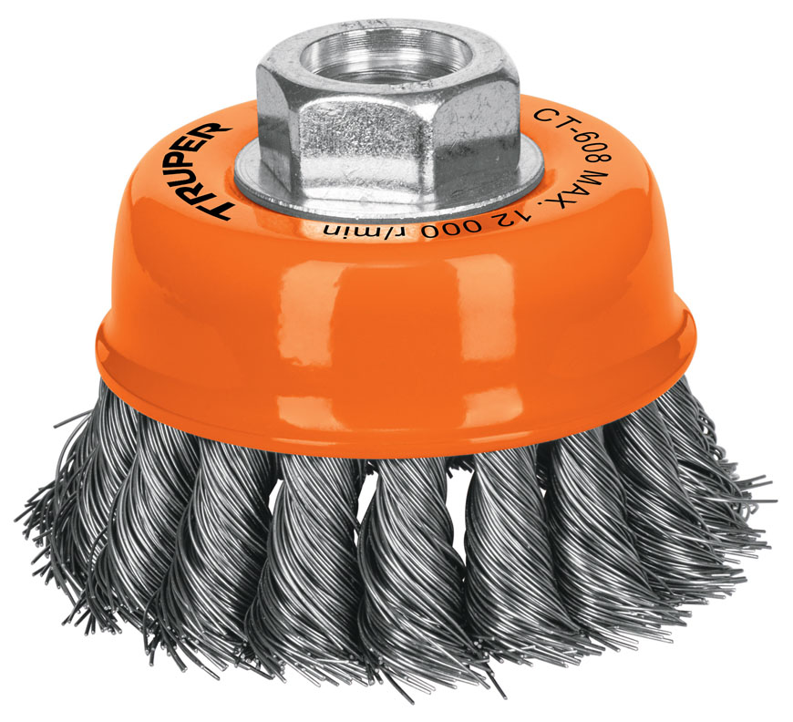 Imagen de CARDA DE COPA DE 3" CON ALAMBRE TRENZADO FINO CON EJE DE 5/8" DE DIAMETRO Y 11 HILOS POR PULGADA TRUPER