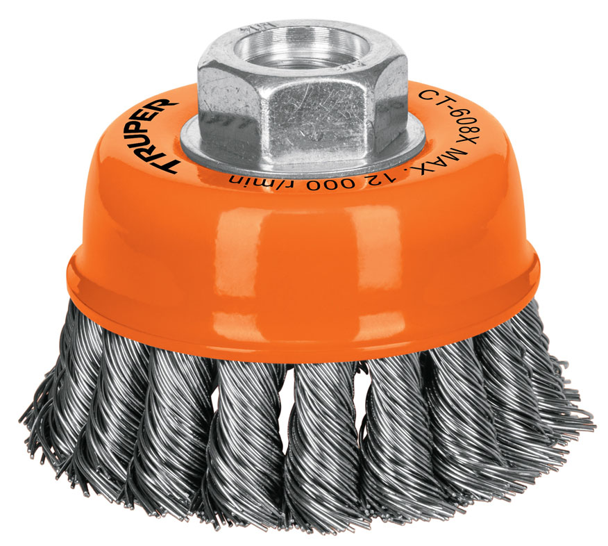 Imagen de CARDA DE COPA DE 3" CON ALAMBRE TRENZADO GRUESO CON EJE DE 5/8" DE DIAMETRO Y 11 HILOS POR PULGADA TRUPER