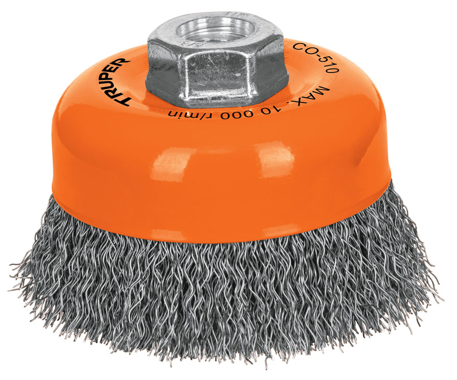 Imagen de CARDA DE COPA DE 4" CON ALAMBRE ONDULADO FINO CON EJE DE 5/8" DE DIAMETRO Y 11 HILOS POR PULGADA TRUPER