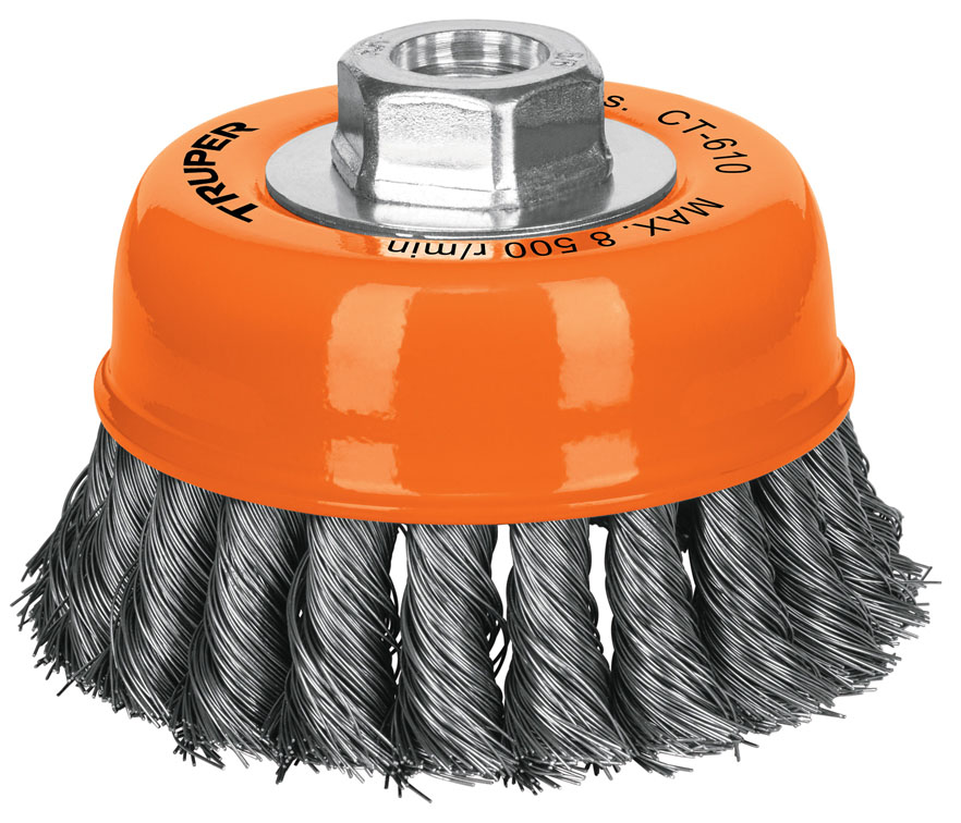 Imagen de CARDA DE COPA DE 4" CON ALAMBRE TRENZADO FINO CON EJE DE 5/8" DE DIAMETRO Y 11 HILOS POR PULGADA TRUPER