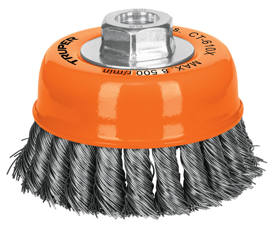 Imagen de CARDA DE COPA DE 4" CON ALAMBRE TRENZADO GRUESO CON EJE DE 5/8" DE DIAMETRO Y 11 HILOS POR PULGADA TRUPER