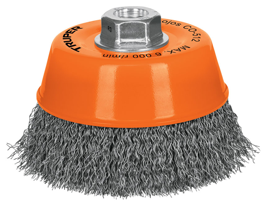 Imagen de CARDA DE COPA DE 5" CON ALAMBRE ONDULADO FINO CON EJE DE 5/8" DE DIAMETRO Y 11 HILOS POR PULGADA TRUPER