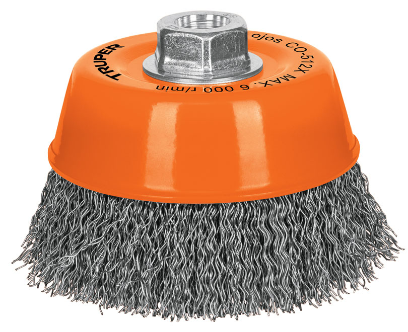 Imagen de CARDA DE COPA DE 5" CON ALAMBRE ONDULADO GRUESO CON EJE DE 5/8" DE DIAMETRO Y 11 HILOS POR PULGADA TRUPER