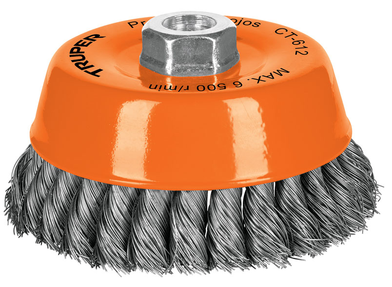 Imagen de CARDA DE COPA DE 5" CON ALAMBRE TRENZADO FINO CON EJE DE 5/8" DE DIAMETRO Y 11 HILOS POR PULGADA TRUPER