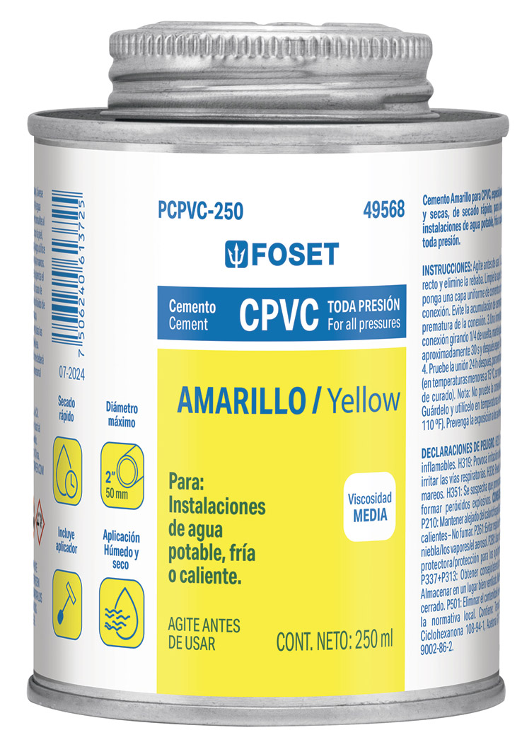 Imagen de CEMENTO PARA CPVC AMARILLO PARA TODA PRESION LATA DE 250 MILILITROS FOSET