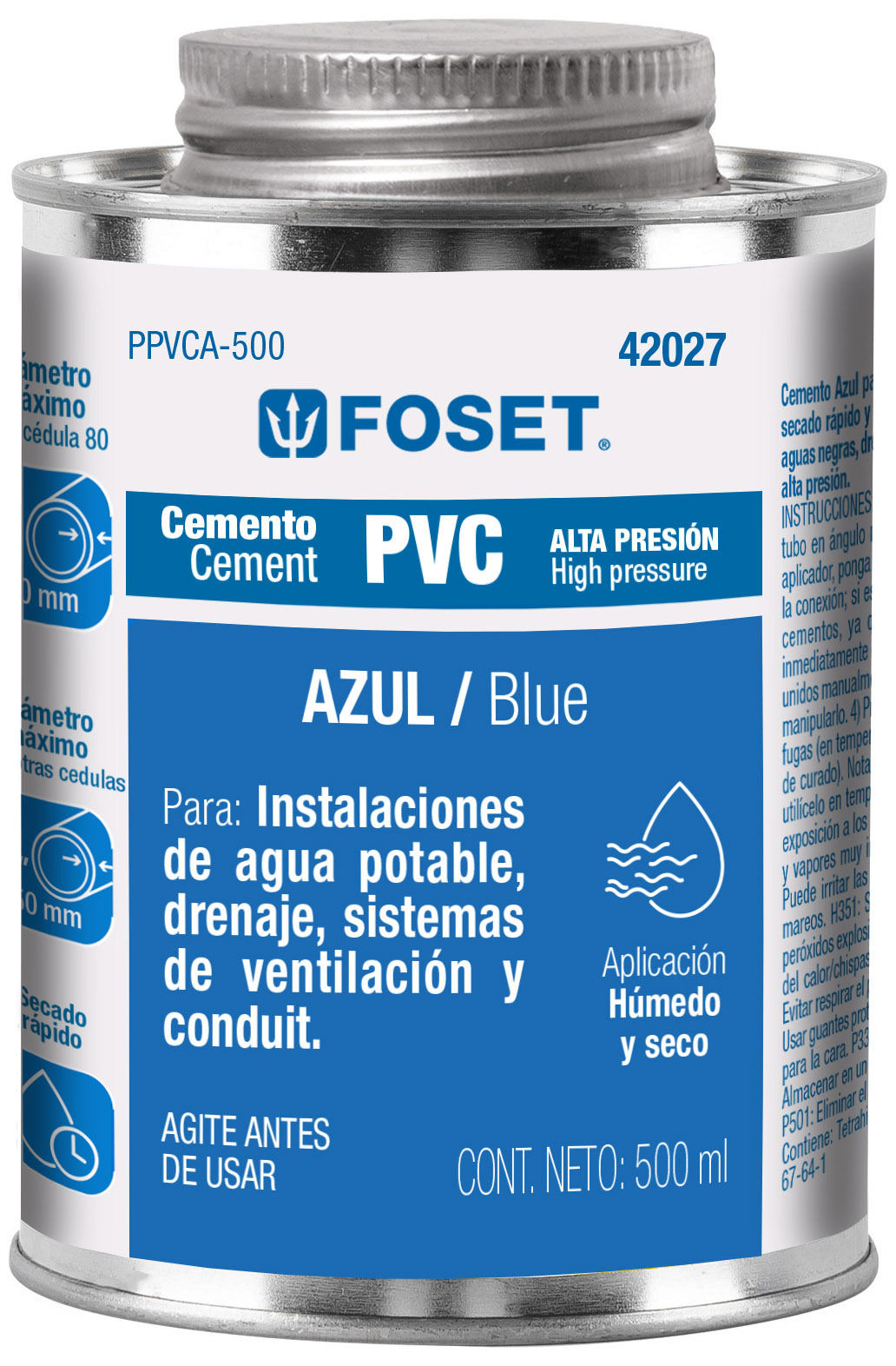 Imagen de CEMENTO PARA PVC AZUL PARA ALTA PRESION LATA DE 500 MILILITROS FOSET
