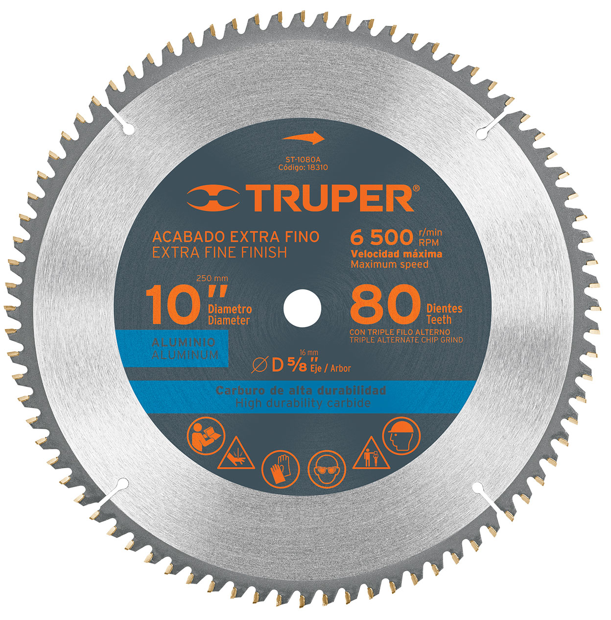 Imagen de DISCO PARA SIERRA DE 10" PARA ALUMINIO CON 80 DIENTES Y CENTRO DE 5/8" TRUPER