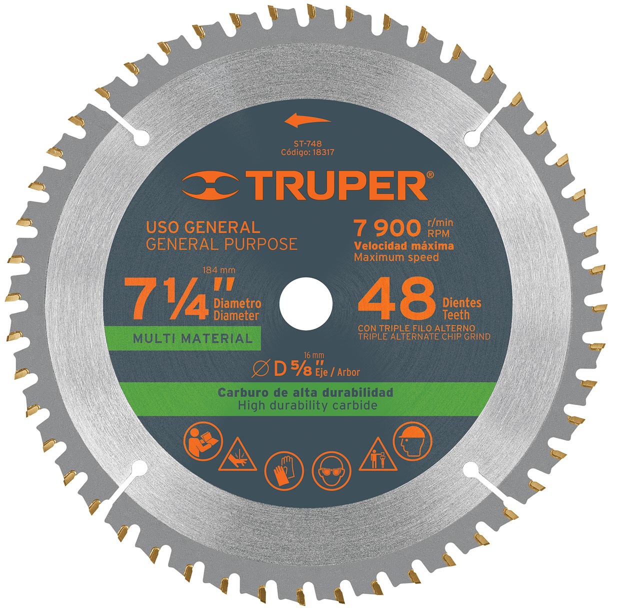 Imagen de DISCO PARA SIERRA DE 7-1/4" MULTIMATERIAL CON 48 DIENTES Y CENTRO DE 5/8" TRUPER