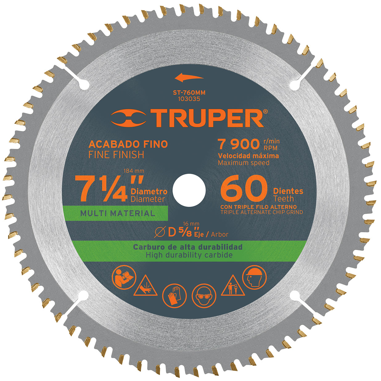 Imagen de DISCO PARA SIERRA DE 7-1/4" MULTIMATERIAL CON 60 DIENTES Y CENTRO DE 5/8" TRUPER