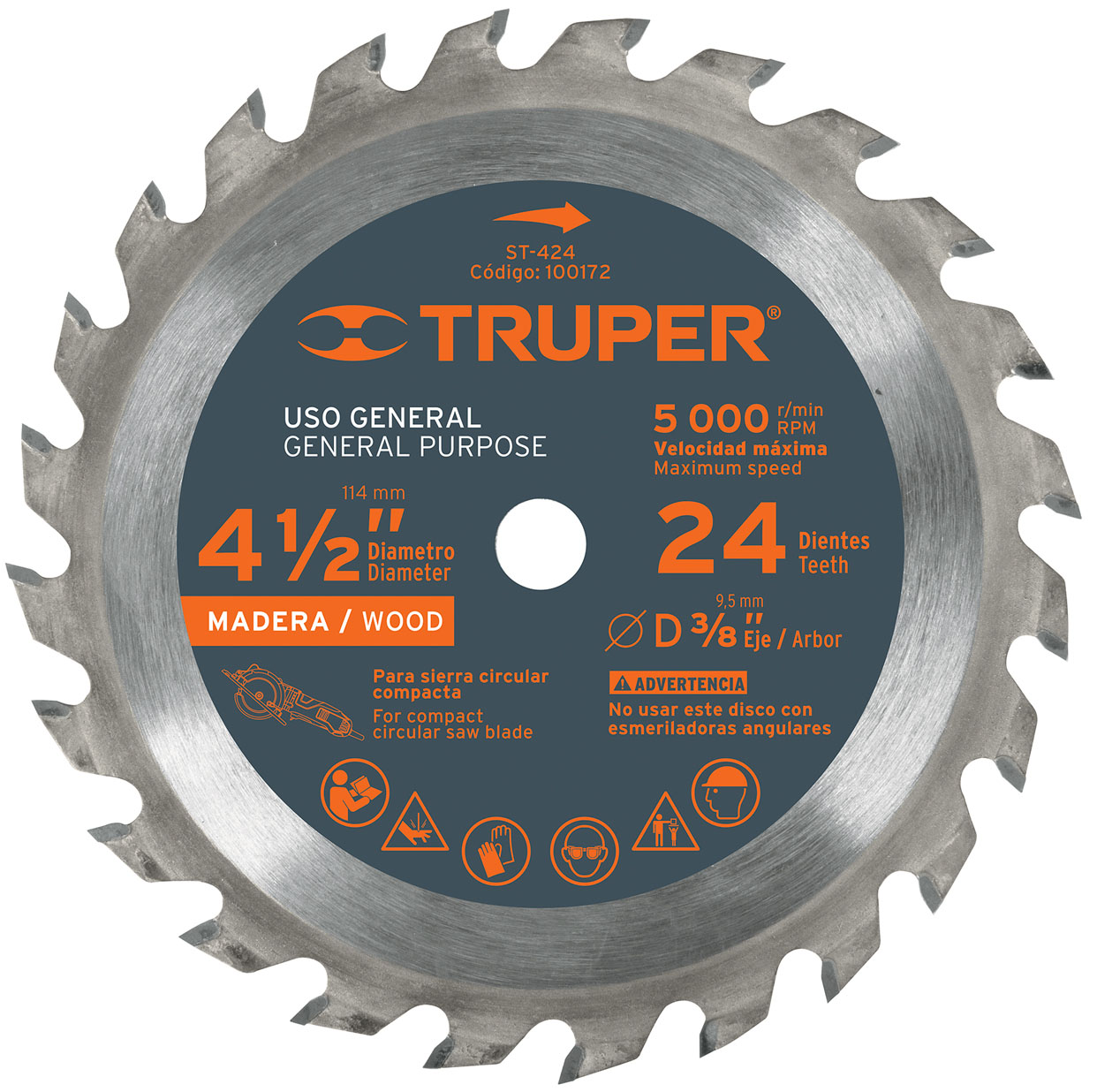 Imagen de DISCO PARA SIERRA DE 4-1/2" PARA MADERA CON 24 DIENTES Y CENTRO DE 3/8" TRUPER